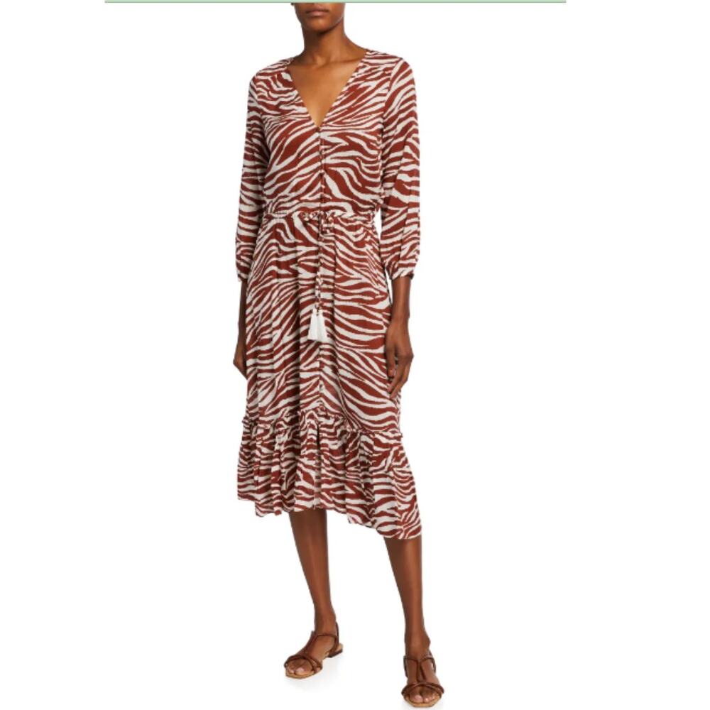 Veronica Beard Mallory Dress Rust Zebra Print Size XS Brown White Tassels Flowy